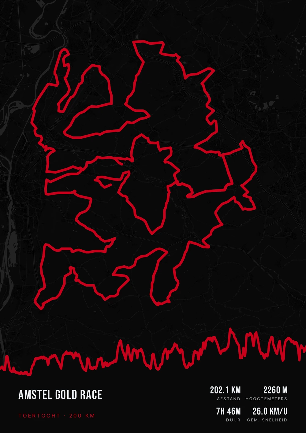 Donkere poster van de Amstel Gold Race met een rode route en hoogteprofiel.