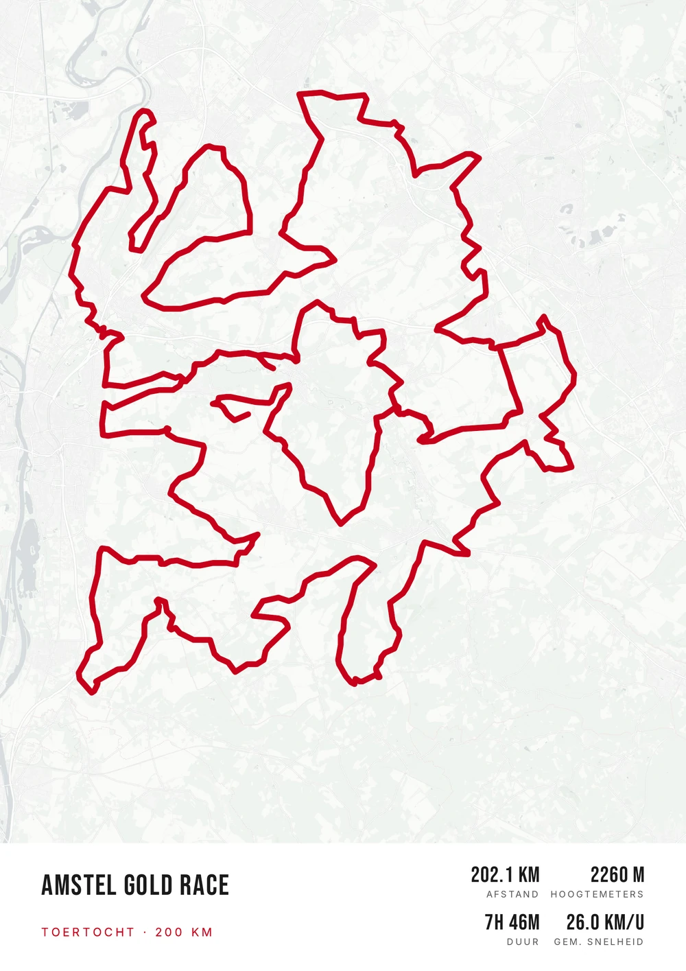 Lichte poster van een Amstel Gold Race-toertocht met een rode route.