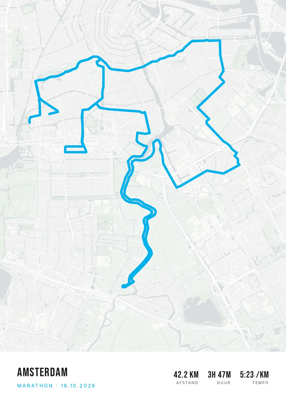 Lichte poster van het Amsterdam Marathon-parcours met een hemelsblauwe route.