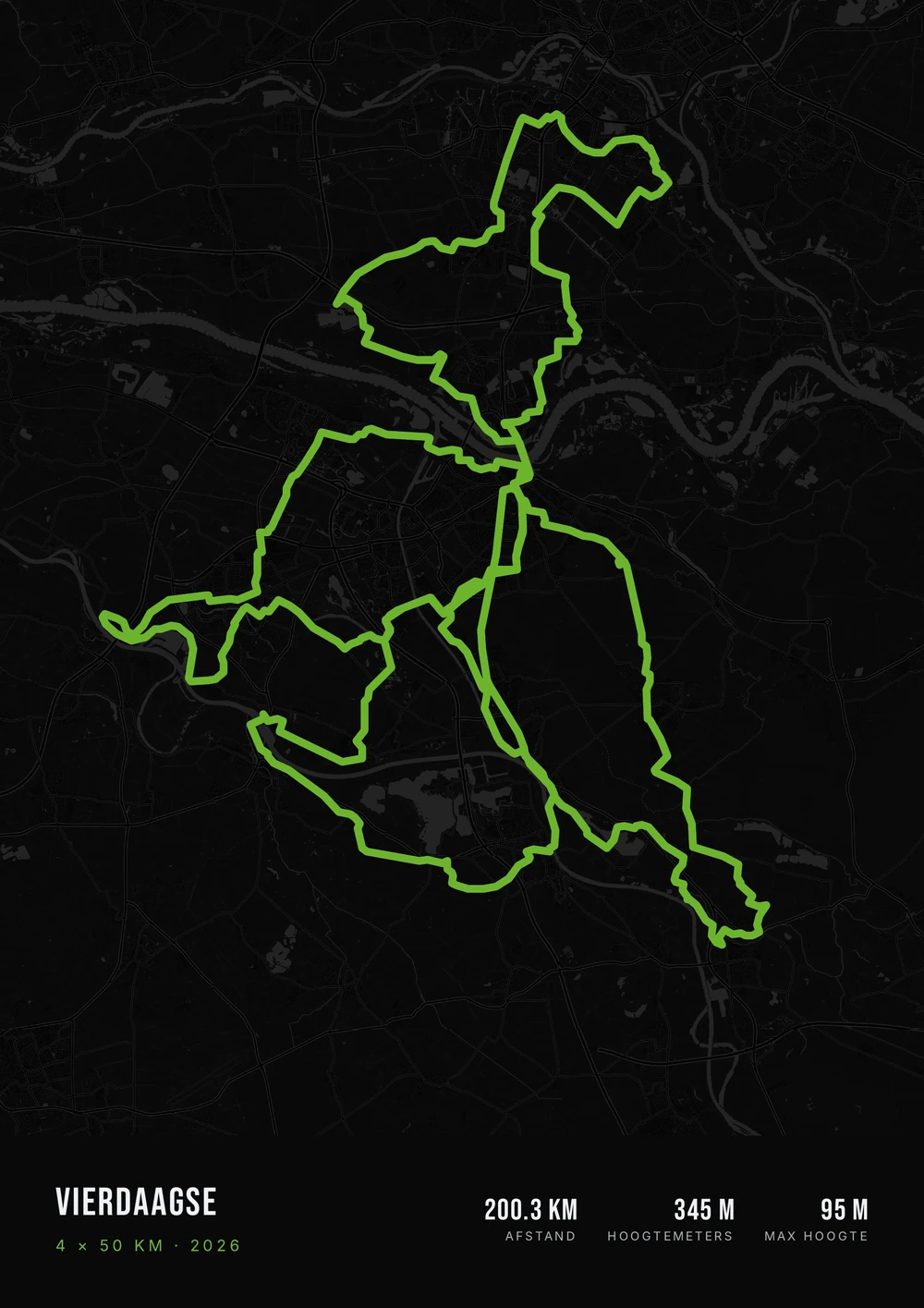 Donkere poster van de Nijmeegse Vierdaagse met groene routes.