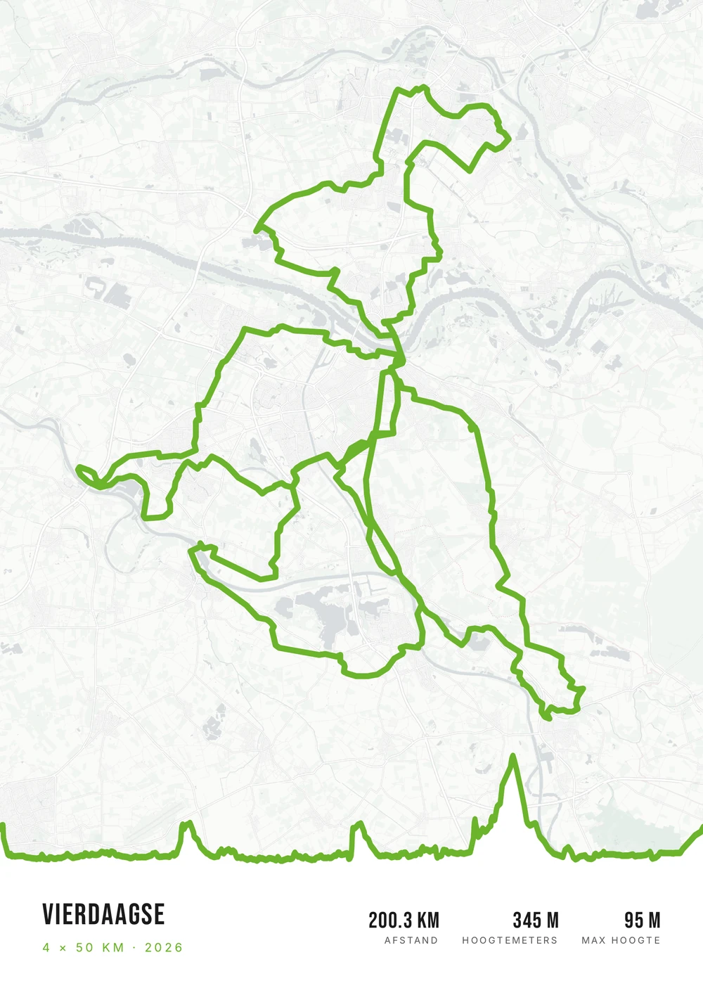 Lichte poster van de vier routes van de Nijmeegse Vierdaagse in groen, met hoogteprofiel.