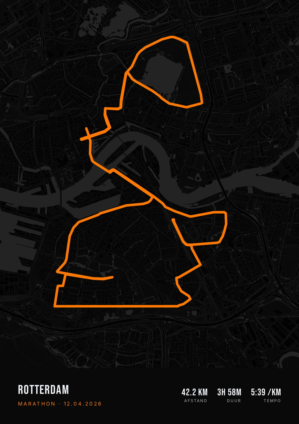 Donkere poster van de Marathon Rotterdam met een oranje route.