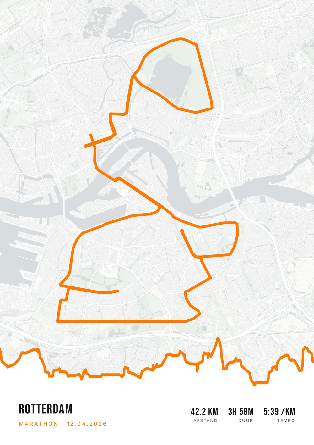 Lichte poster van de Marathon Rotterdam met een oranje route en hoogteprofiel.